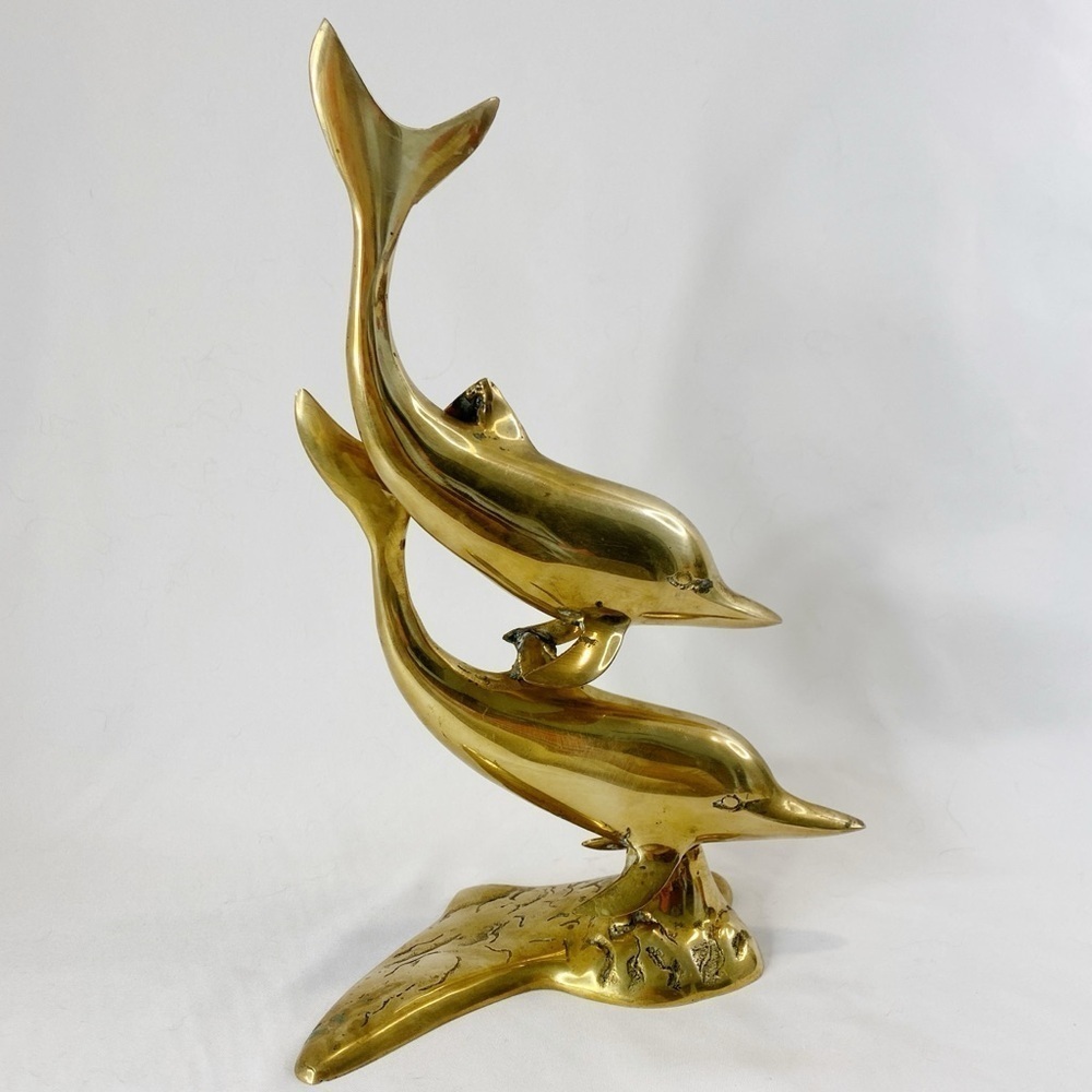 Brass Dolphin Sculpture Dolphins on Wave Pedestal Vintage 1970